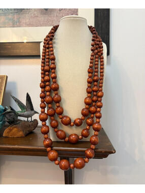 Vintage Chunky Graduated Wood Beaded Multi-Strand Necklace Boho Tribal